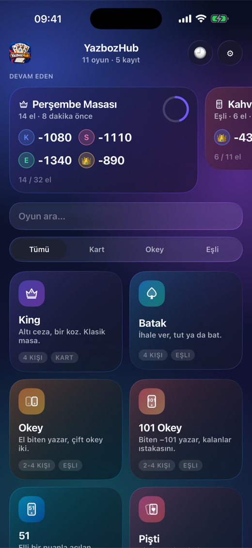 Ana ekran: devam eden masalar ve oyun modülleri